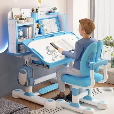 Imagen del producto de Escritorio infantil con altura ajustable y silla - Mesa con superficie inclinable, estantería y cajón de almacenamiento - Escritorio ergonómico para jóvenes, ideal para dormitorios (de 3 a 15 años) (Azul C)