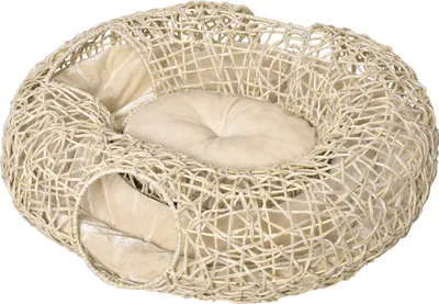 Produktbild von PawHut Rattan-Katzenbett 78 x 69 x 22 cm, klobiger Katzenkorb mit weichem Kissen, 3 Zugangslöcher, Katzentunnel, Naturholz