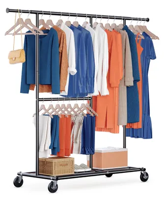 Imagen del producto de Perchero con ruedas, con capacidad de carga de hasta 150 kg, con estantes, fabricado en acero cromado, ideal para dormitorios