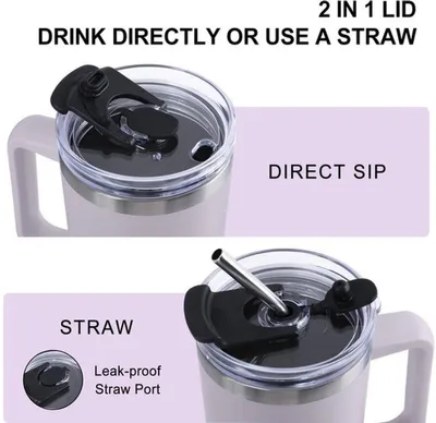 Thermobeker 1200 ml - Isolierbecher - Strohhalm/Flip-Top-Deckel - Edelstahl - Kalt/warm - Griff - Kaffeebecher