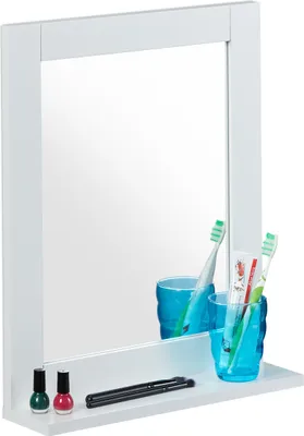 Zdjęcie produktu dla Lustro ścienne Relaxdays z półką, do łazienki, salonu, przedpokoju, prostokątne, nowoczesne, MDF, lustro łazienkowe, wymiary: 49 x 40 x 10 cm, białe