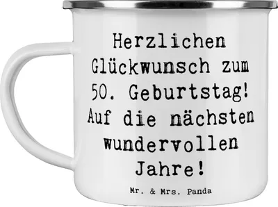 Produktbild von Mr. & Mrs. Panda Pott Spruch 50. Geburtstag Glückwunsch - Weiß - Geschenk, Geburtstagsgeschenk, handgefertigt, Teetasse, Kaffeepott, becher emaille, Ehrung, liebevoll