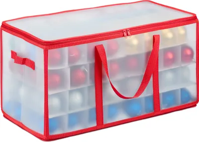 Obrázok produktu pre Taška na vianočné gule Relaxdays, na 128 gulí, VxŠxH: 31x30x60 cm, flís, lepenka, krabica na vianočné gule, priehľadná/červená