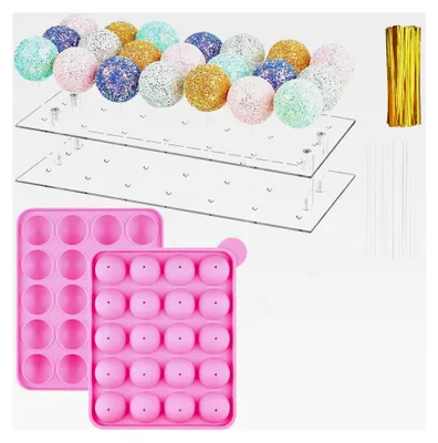 Produktbild von Cake-Pop-Form-Set, komplettes Set mit 20 Mulden, Silikon-Kuchenform, 21 Löchern, transparentem Acryl-Lutscher-Halter, 100 transparenten Beuteln, 100 Stäbchen und 100 Bindebändern