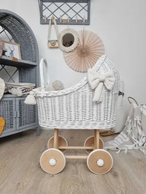 Image de WikliBOX - Landau en osier pour poupées, haut, blanc, avec literie - 45x30x61H