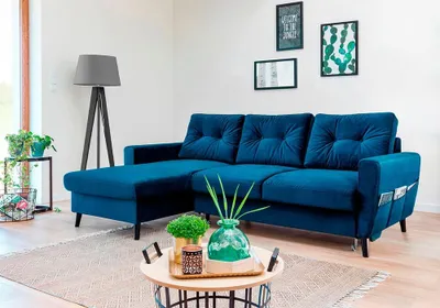 Produktbild von MIUFORM Lars Velours - Ecksofa mit Bettfunktion und Bettkasten - 223x148cm - Marineblau - L-Form Links - Schlafsofa Couch