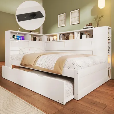 Produktbild von Abrihome Jugendbett 90x200cm mit Ausziehbett, Schlafsofa mit Bücherregal und Stauschrank, Kinderbett, Weiß