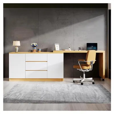 Produktbild von Schreibtisch mit feststellbaren Rollen – multifunktionales Design, 4 cm dicke, drehbare Tischplatte, weiß/Eiche, klappbar, Eckschreibtisch, Sideboard