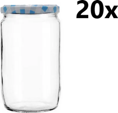 A single clear glass jar with a checkered blue and gray lid, set against a white background. The text '20x' is prominently displayed to the right of the jar.