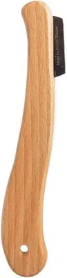A close-up of a bread knife with a wooden handle.