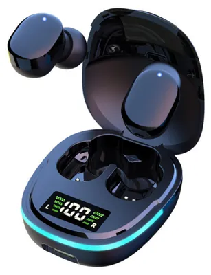 A pair of black wireless earbuds and their charging case are displayed against a white background. The charging case is open, revealing the earbuds nestled inside. A digital display on the case shows '100' and 'L' and 'R' indicators, suggesting battery sta