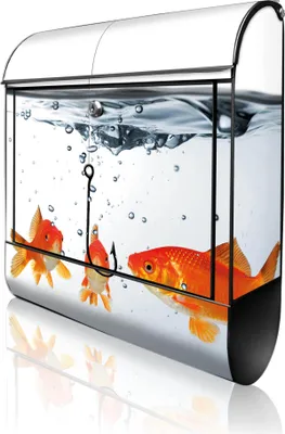 Produktbild von banjado Design Briefkasten Stahl schwarz mit Zeitungsfach pulverbeschichtet "Fische" 38x46x12,5cm & 2 Schlüssel - Postkasten A4 Einwurf inkl. Montagematerial [BKSCH 10184]