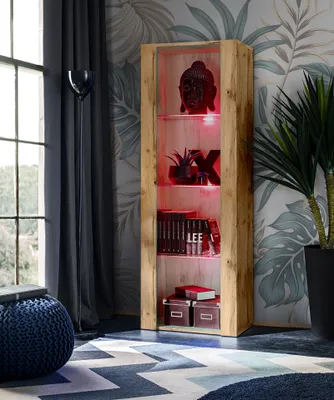Produktbild von Komodee | Vitrine Schrank Tivoli mit 3 Regalböden, Korpus Wotan Matt Frontfarbe Wotan Matt, LED RGB