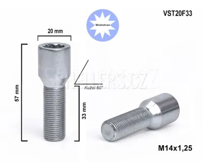 Obrázek produktu pro Kolový šroub M14x1,25x33 kuželový s vnitřním mnohohranem, VST20F33, průměr hlavy 20mm, výška 57 mm