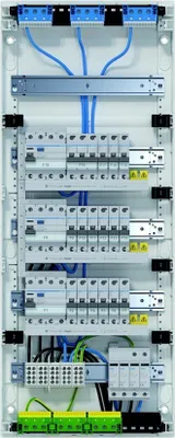 An electrical distribution box with various components and wiring.
