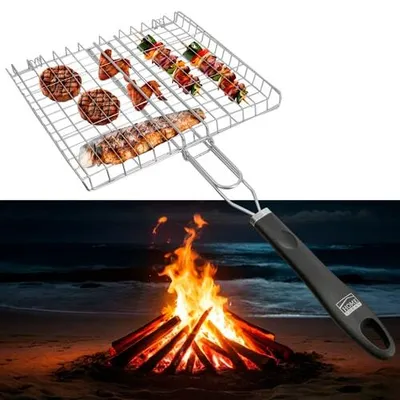 Produktbild von BBQ Grillguthalter universal, rostfreier Edelstahl, 28x26 cm große Auflagefläche, einfaches Wenden und gleichmäßiges Grillen von Fleisch, Gemüse etc.