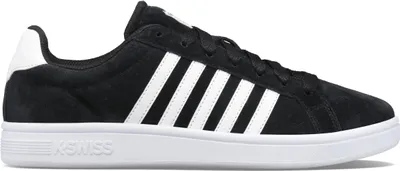A side view of a black K-Swiss sneaker with white stripes and a white sole.