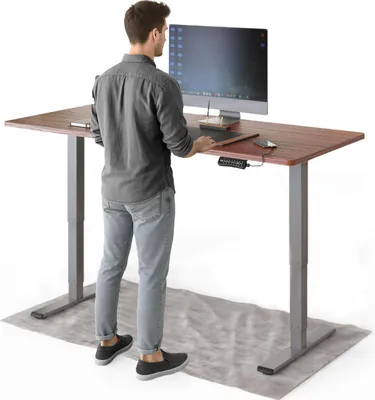 Produktbild von DESKSPACE PRO Plus Elektrisch höhenverstellbarer Schreibtisch, 160x80 cm Stehpult mit Memory-Funktion, Mahagoni Tischplatte, Graues Gestell