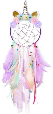 Produktbild von Einhorn-Traumfänger, bunt, handgefertigt, mit Federn und Blumen – DIY-Traumfänger für Mädchen, Kinderzimmer, Schlafzimmer, Wanddekoration, Segensgeschenk