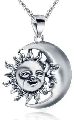 Productafbeelding van MATERIA 925 Sterling zilveren kettinghanger, maan en zon, antiek design, met sieradendoosje. #KA-253