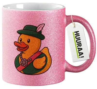 Produktbild von Huuraa Glitzertasse Quietscheente Schützenkönigin Gummiente Schützenfest 330ml Pink Keramik Kaffeebecher Geschenkidee