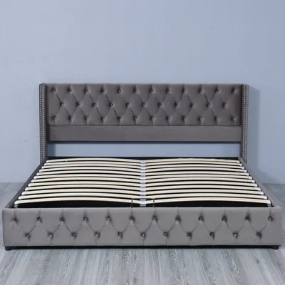 Produktbild von Flieks Polsterbett 180x200cm mit Lattenrost, Hydraulisches Boxspringbett mit Bettkasten und Stauraum, Samt Doppelbett Stauraumbett Funktionsbett, Grau