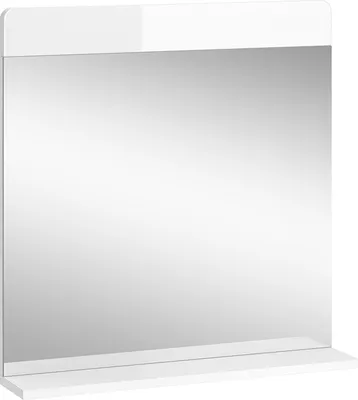 A white bathroom mirror with a shelf below it, shown against a white background.