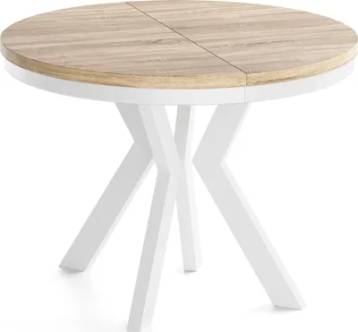 Produktbild von Runder Esstisch Ausziehbar 80-130 cm – Verlängerbar, für 4-6 Personen mit Weißen Holzbeinen & Metallring – Tisch für Wohnzimmer & Esszimmer in Eiche Sonoma Hellbraun