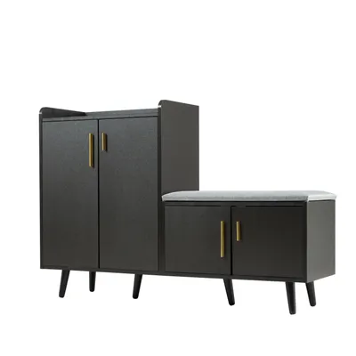 Produktbild von Flieks Schuhschrank mit Sitzbank, Schuhregal Schuhkommode mit Verstellbarem Ablage, Schuhbank Schuhtruhe mit Kissen, Leinen, Schwarz, 120x34x82.8cm