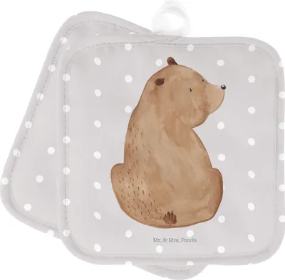 Produktbild von Mr. & Mrs. Panda Topflappen Bär Schulterblick - Grau Pastell - Geschenk, Teddy, Weltansicht, Set, Weisheit, Selbstachtung, Ofenlappen, Kochlappen, Bären, Topfuntersetzer
