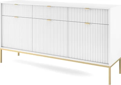 Produktbild von Sideboard 150 cm Galla - Dreitürige Kommode mit Schubladen - Beinen, geriffelten Fronten & goldene Griffe (Weiß + Gold)
