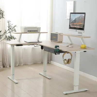 Obrázek produktu pro Radlove 160cm L-Desk Elektricky výškově nastavitelné kancelářské stoly, stojící stůl ve tvaru L s podstavcem pro monitor a zásuvkou, Barva dubu