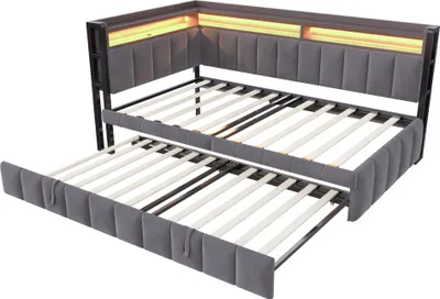 Produktbild von Merax Polsterbett Schlafsofa 90×200cm mit Ausziehbett, Tagesbett mit LED-Beleuchtung und Ablagefächern, USB & Typ-C Ladeanschlüssen, Samt Grau