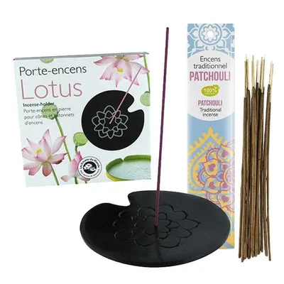 Produktbild von Rächerstäbchenhalter Lotus + Indisches Räucherwerk Patschuli