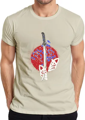 Produktbild von Katana Samurai Kitsune Maske Sakura Kirschblüten Japan Sonne Herren T-Shirt, Natur, S