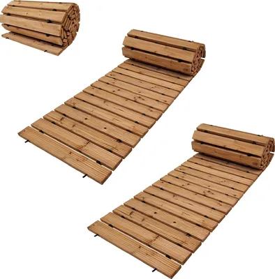 Produktbild von 2x Holzpfad ausrollbar 250x43x2 cm rustikales Tannenholz Anti-Rutsch Oberfläche wetterfester Holzweg