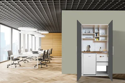 A modern office meeting room with a kitchenette cabinet.