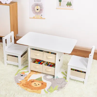 Image de Yorbay table d'enfant avec 2 chaises, espace de rangement, ensemble de 3 pièces, table de dessin pour chambre d'enfant, blanc + beige