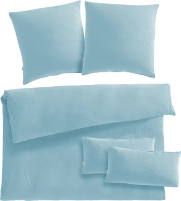 Produktbild von Pure Label Musselin Bettwäsche 200x220 bestehend aus einem Bettbezug 200x220 cm + Kissenbezug 80x80 2er Set + 40x80 Kissenbezug 2er Set in blau