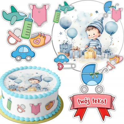 Zdjęcie produktu dla Zestaw Opłatek Na Tort 20Cm + 16 Postaci - Babyshower + Imię 15Cm 18Cm
