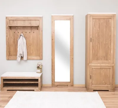 Produktbild von Casa Padrino Landhausstil Massivholz Garderobenmöbel Set Naturfarben / Weiß - 1 Garderobe & 1 Schuhschrank & 1 Wandspiegel & 1 Kleiderschrank - Landhausstil Möbel
