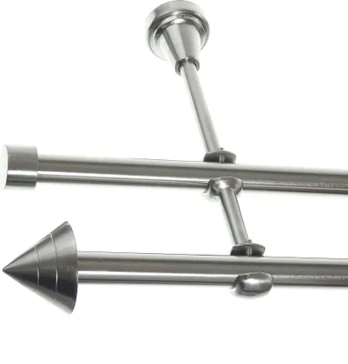 Produktbild von Gardinenstange Set Edelstahl Look Metall Ø 16mm zur Wandbefestigung 2-lauf Spitze, Länge wählbar H24 E21 E16