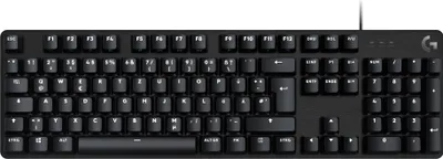 A black mechanical gaming keyboard is shown from a top-down perspective against a white background.