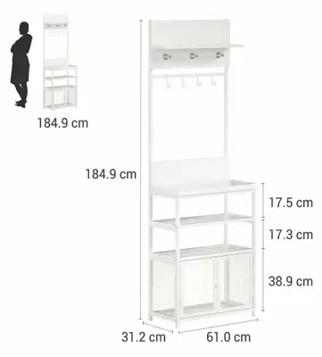 Image de Porte-manteau autoportant pour entrée et salon - 185 cm de hauteur - 7 crochets - Portes - Rangement à chaussures - 5 étagères - Blanc