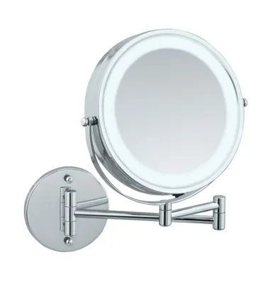 A close-up studio shot of a silver wall-mounted LED makeup mirror against a white background.