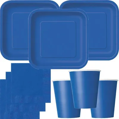 Produktbild von Party Deko Set Blau Einweggeschirr für 14 Personen eckige Teller, Becher, Servietten