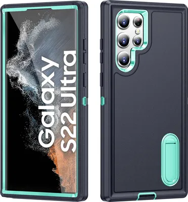Produktbild von Hülle für Samsung Galaxy S22 Ultra 5G Hybrid Dreilagige Robust Stoßfest Schwerlast Schutzhülle mit Ständer Blau