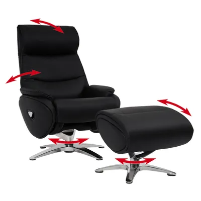 Produktbild von Relaxsessel mit Hocker MCW-K98, Fernsehsessel Sessel, Liegefunktion drehbar, Metall Echtleder/Kunstleder  schwarz