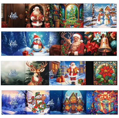 Productafbeelding van 5D Kerstkaarten knutselset met diamantenverf, inclusief 5 kaarten met bijbehorende enveloppen, voor creatieve kerstgroeten