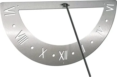 A silver sundial with Roman numerals is shown against a white background.